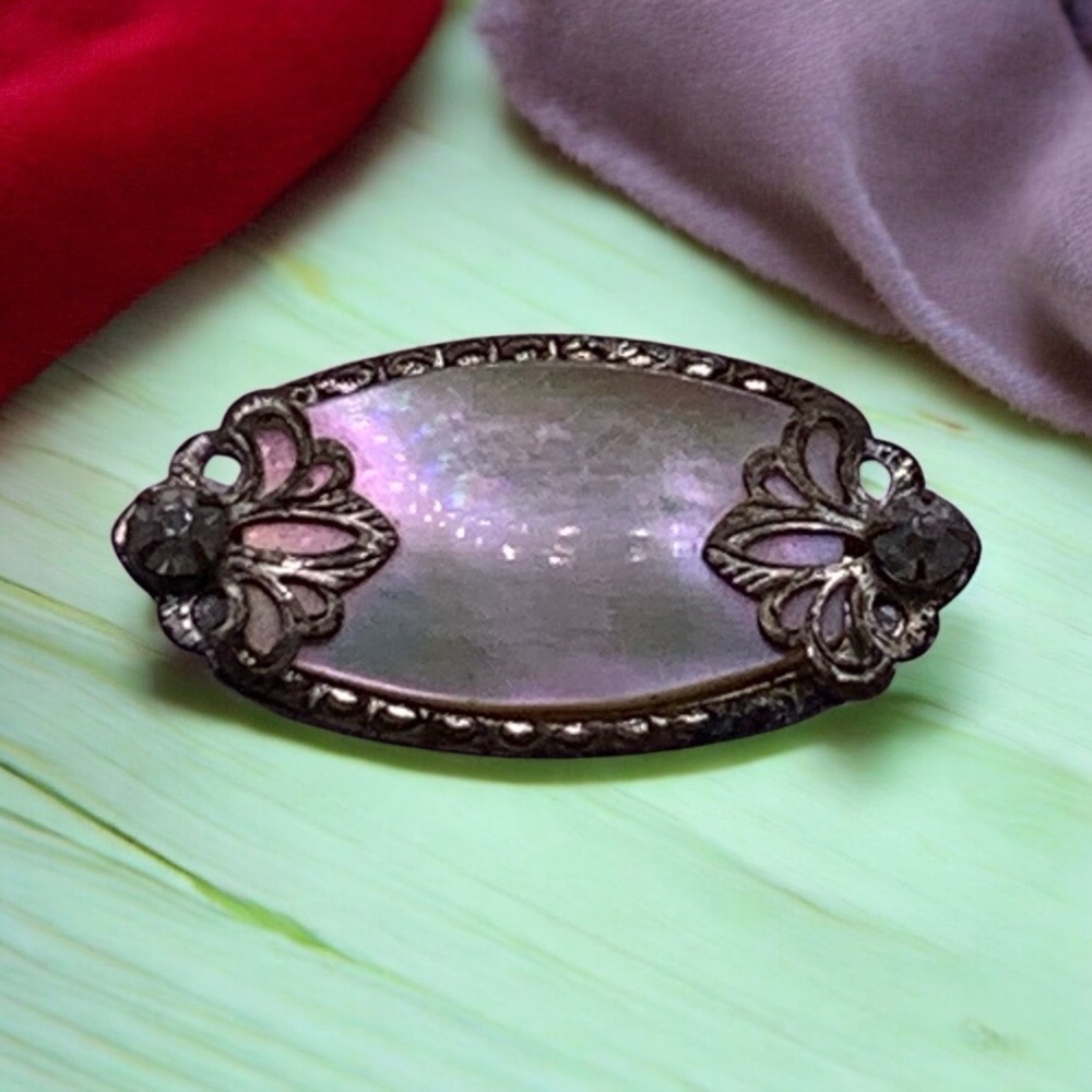 Tiny Victorian Brooch with Mother of Pearl and Crystal Accents